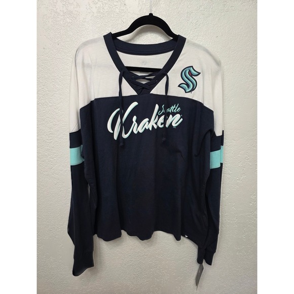 NHL Tops - Seattle Kraken Fanatics Lace Up Long Sleeve Tee Navy 2XL NWT
